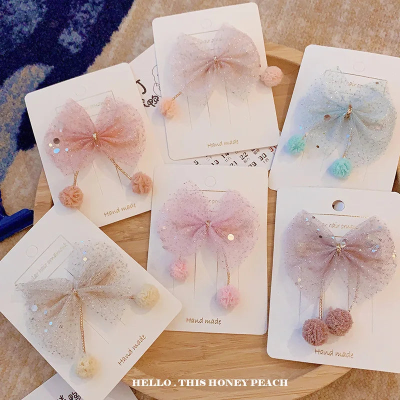 1PCS New Plush Ball Organza Hair Bows Hair Accessories Princess Hair Clips Girls Flower Crown Hair Ornaments Rim Hairpin