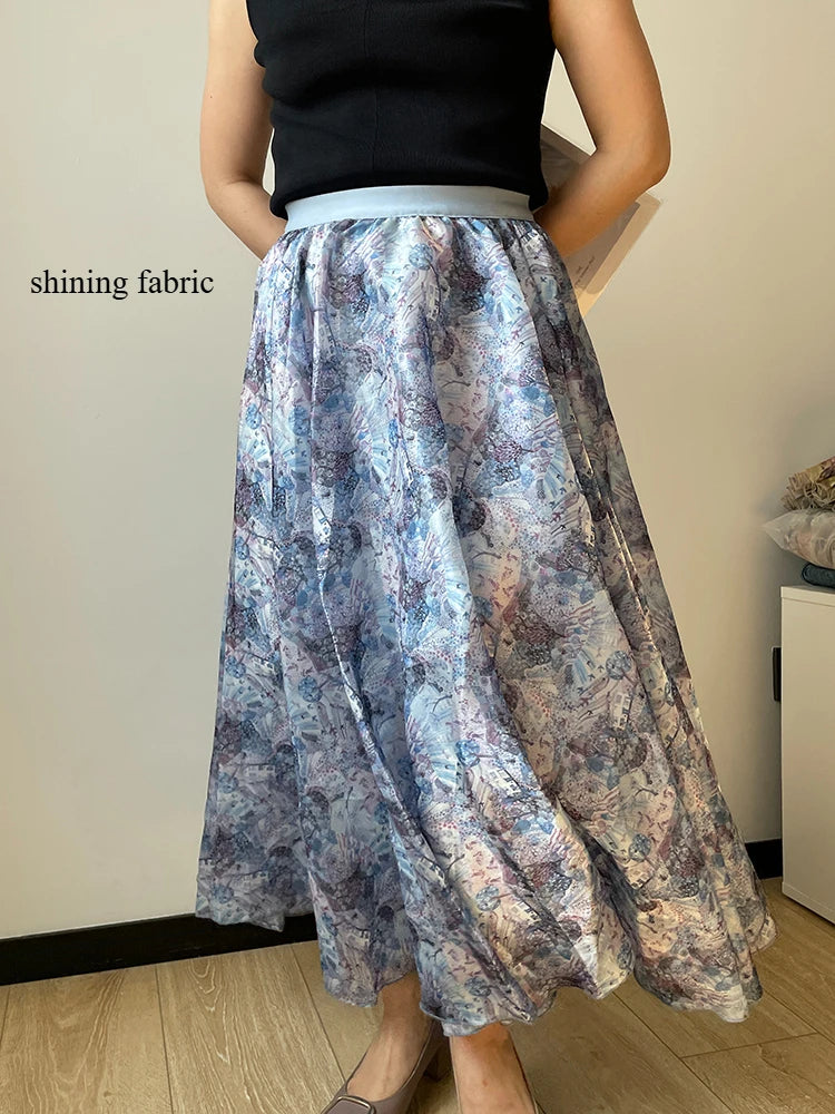 Polished Luster Lurex Midi Skirt Women's Chic Retro Vintage  Classic Skirt Boutique Clothing