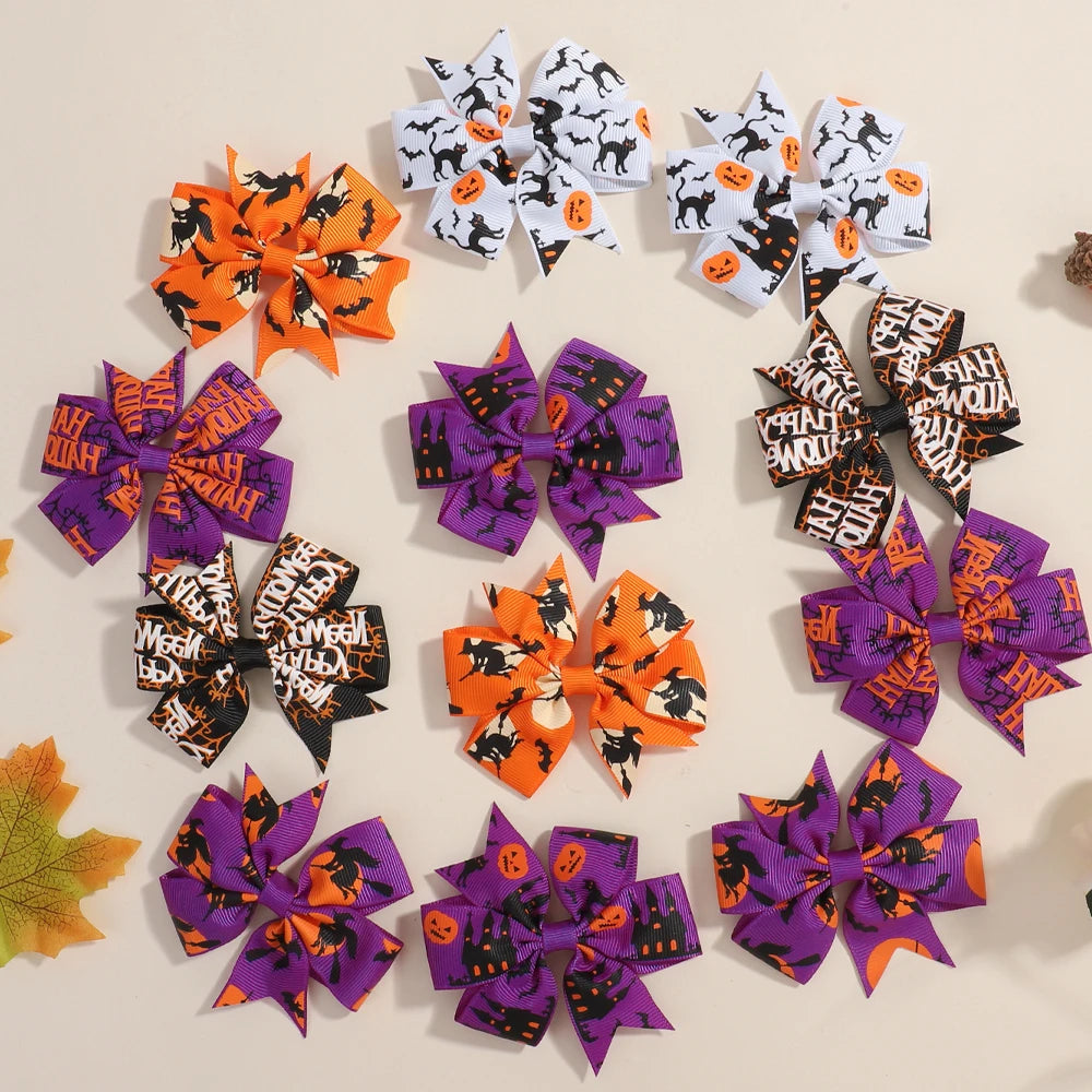 12Pcs Halloween Hair Bows for Kids Party Pumpkin Bat Witch Print Delicate Hair Clips Hairpins Thriller Elements Hair Accessories