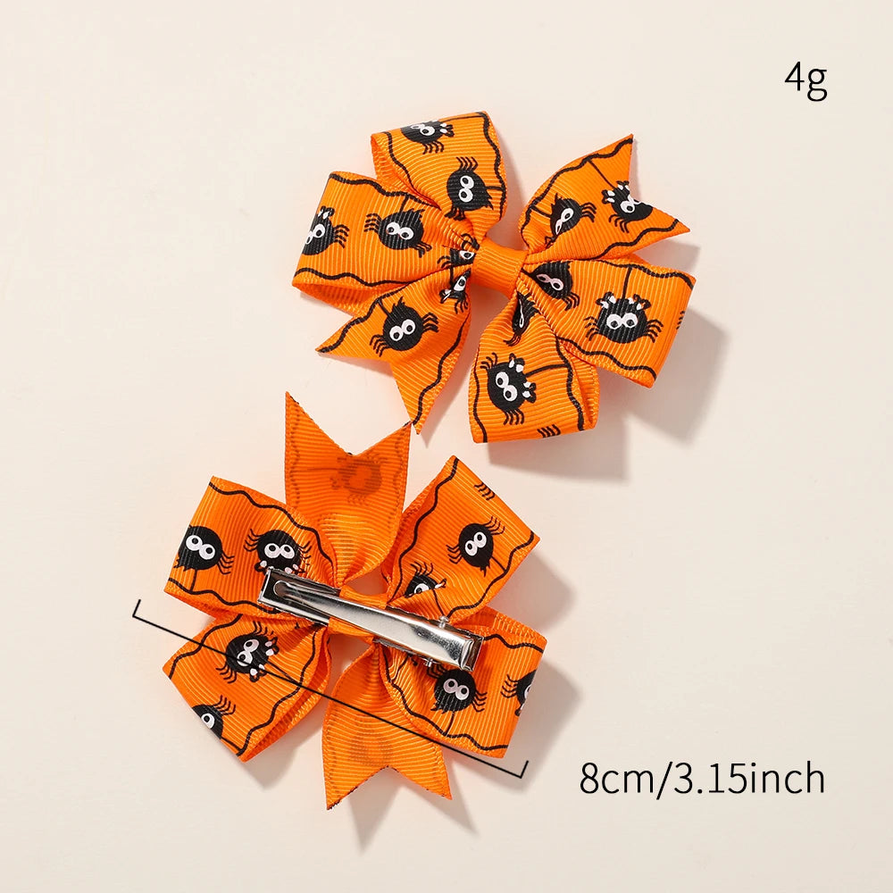 12Pcs Halloween Hair Bows for Kids Party Pumpkin Bat Witch Print Delicate Hair Clips Hairpins Thriller Elements Hair Accessories