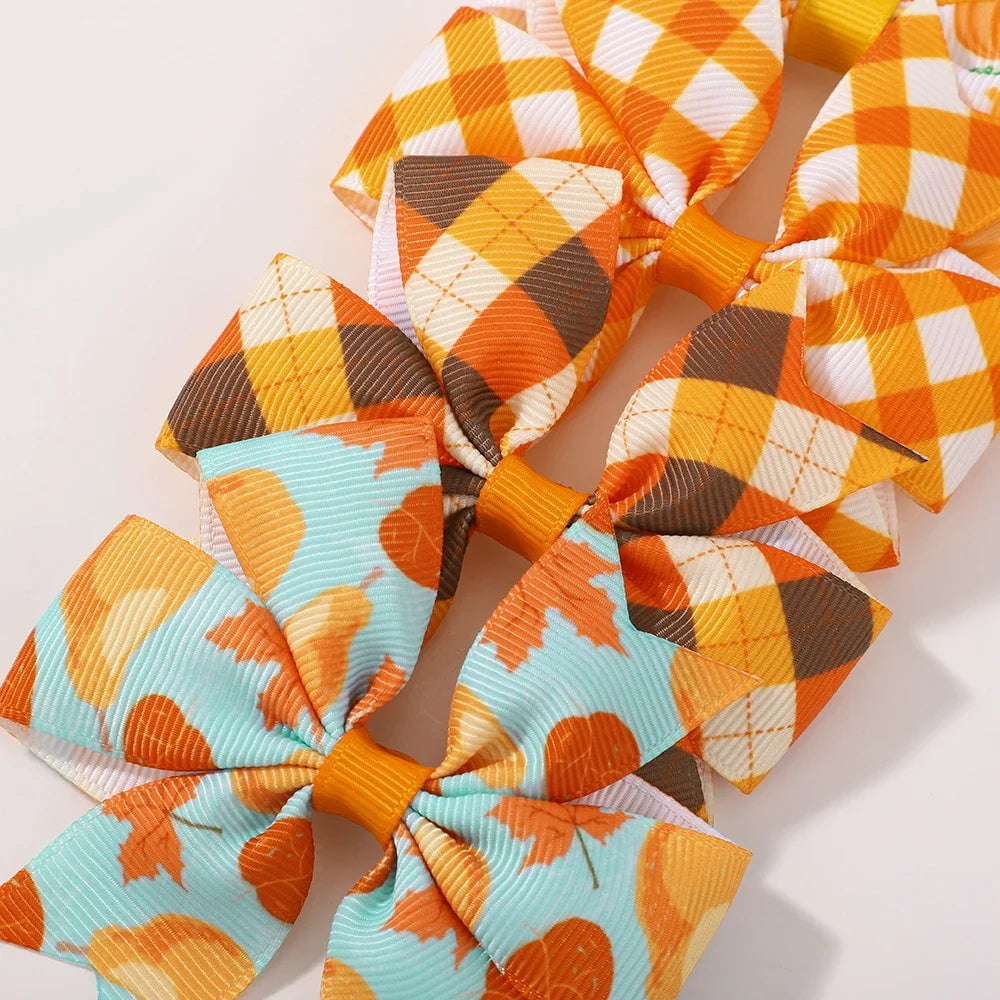 12/24Pcs Thanksgiving Day Bow Hair Clip Set For Kids Girls Autumn Printed Ribbon Maple Leaves Pumkin Hairpins Hair Accessories