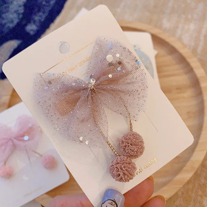 1PCS New Plush Ball Organza Hair Bows Hair Accessories Princess Hair Clips Girls Flower Crown Hair Ornaments Rim Hairpin