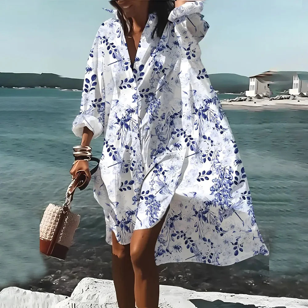 Female Clothing Lapel Collar Shirt Dresses Fashion Women's Long Sleeve Shirts Skirts Chain Pattern 3D Printing Boutique Dress