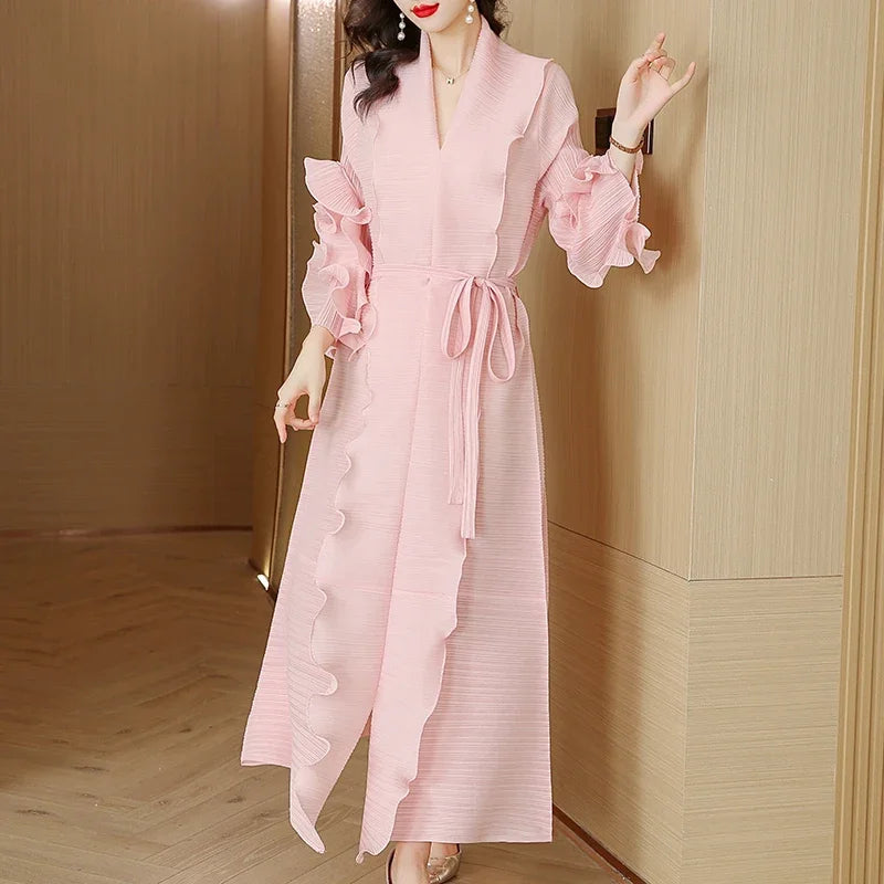 2023 New Joker Casual Dress Women Clothing Miyake Pleated Long-Sleeved Ruffled High-Elastic Boutique Autumn Evening Dresses