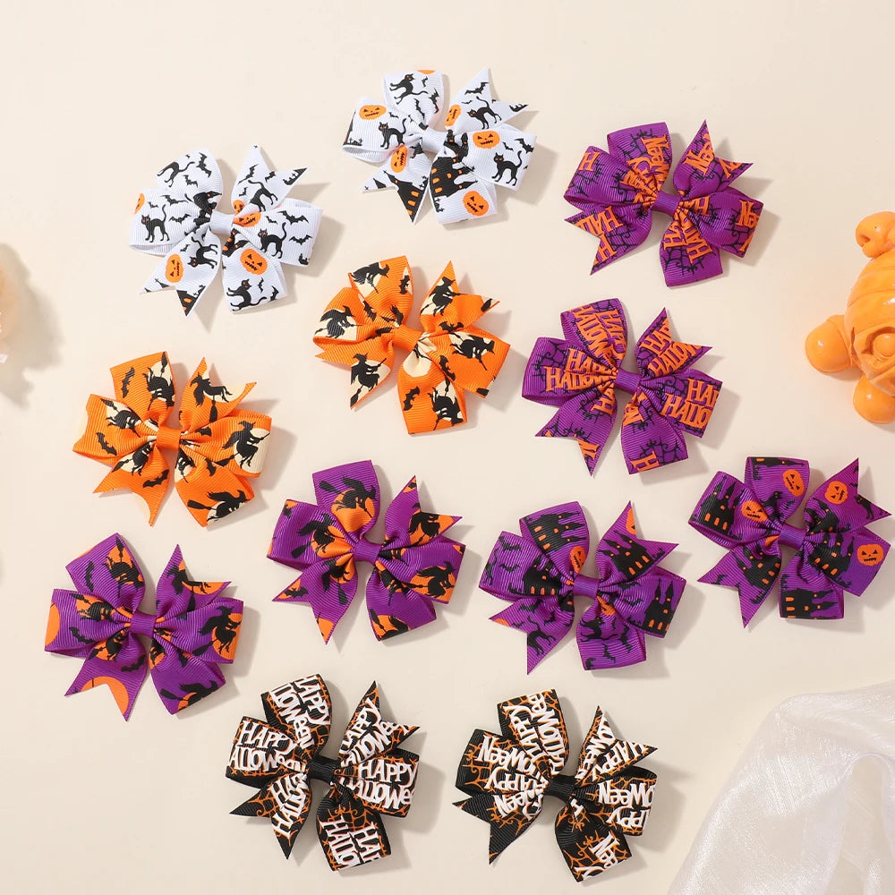 12Pcs Halloween Hair Bows for Kids Party Pumpkin Bat Witch Print Delicate Hair Clips Hairpins Thriller Elements Hair Accessories