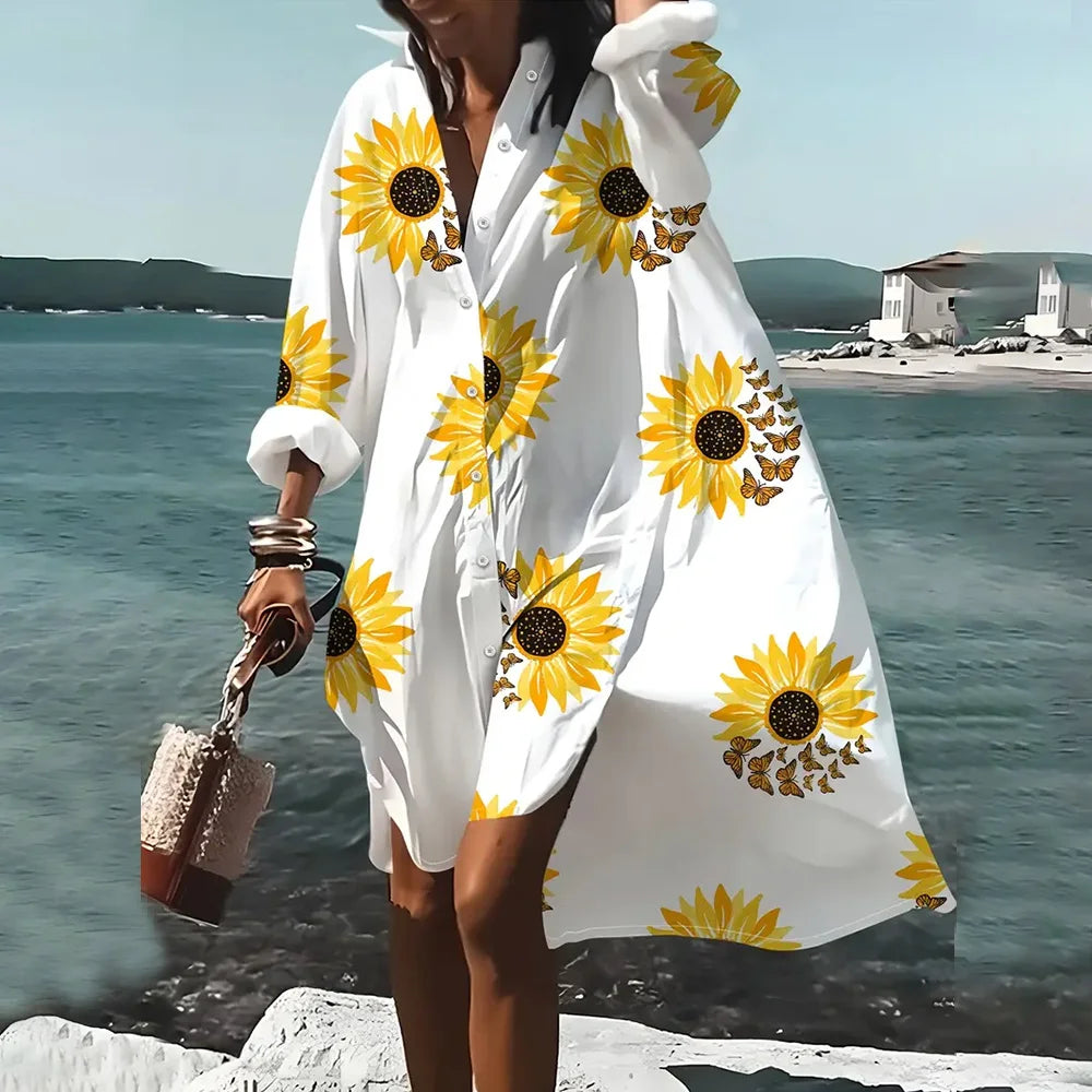 Female Clothing Lapel Collar Shirt Dresses Fashion Women's Long Sleeve Shirts Skirts Chain Pattern 3D Printing Boutique Dress