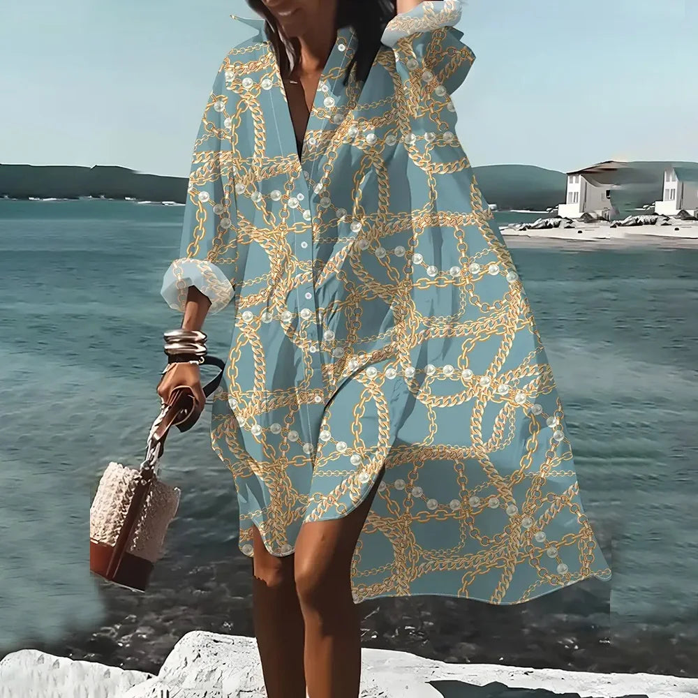 Female Clothing Lapel Collar Shirt Dresses Fashion Women's Long Sleeve Shirts Skirts Chain Pattern 3D Printing Boutique Dress