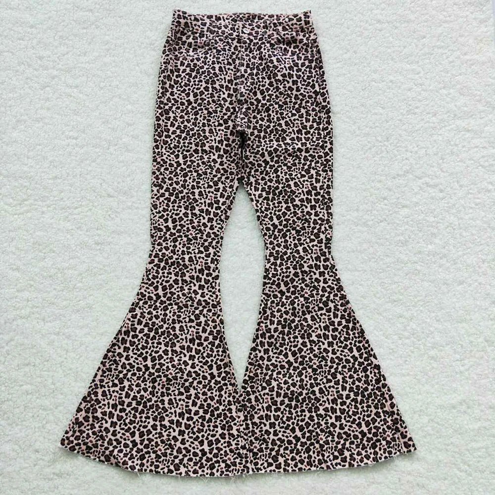 Wholesale Adult Women Leopard Stripes Denim Jeans Adjustable Bell Bottom Pants Pocket Woman Trousers Boutique Clothing