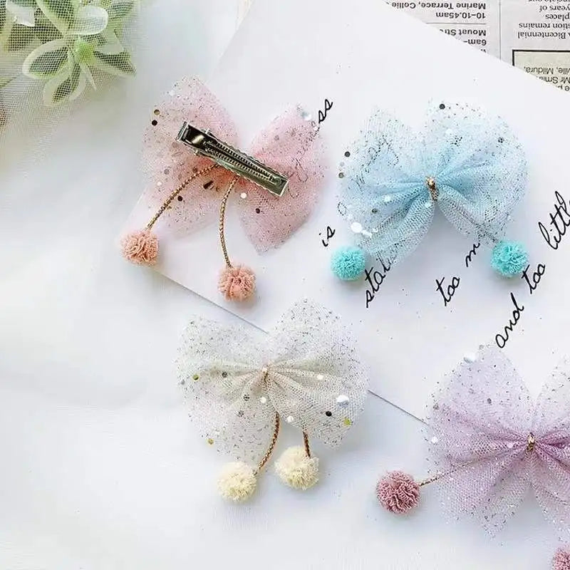 1PCS New Plush Ball Organza Hair Bows Hair Accessories Princess Hair Clips Girls Flower Crown Hair Ornaments Rim Hairpin
